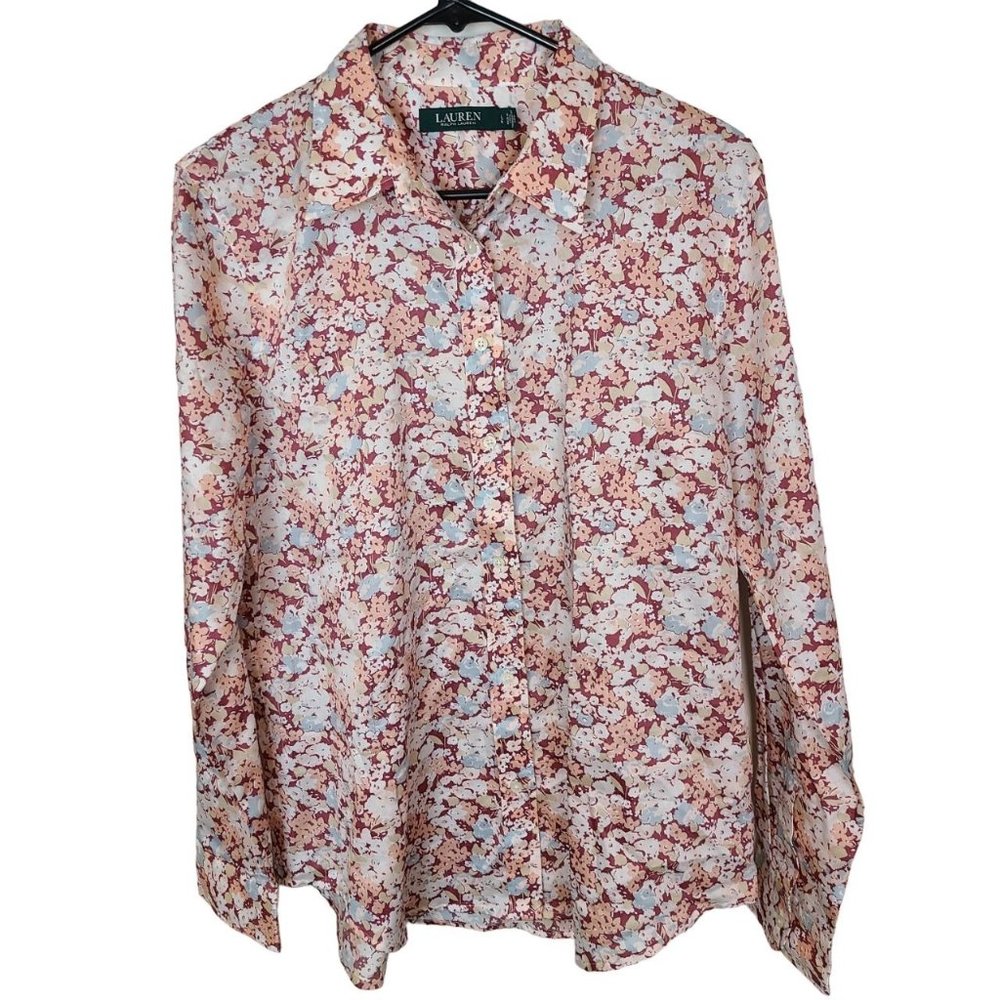Lauren Ralph Lauren Womens L Pink Floral Print Long Sleeves Button Up Shirt